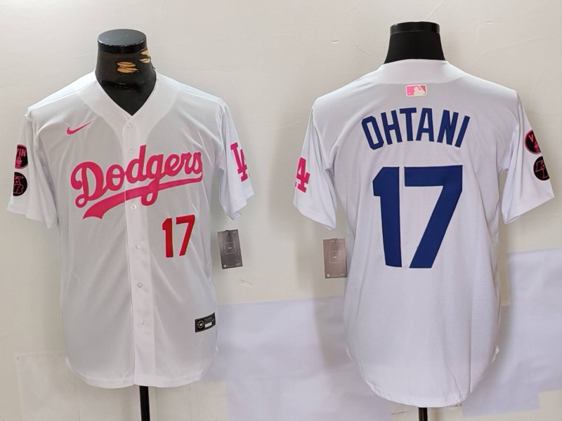 Men's Los Angeles Dodgers #17 Shohei Ohtani White Pink Vin & Kobe Patch Stitched Baseball Jersey 5 Men's Los Angeles Dodgers #17 Shohei Ohtani White Pink Vin & Kobe Patch Stitched Baseball Jersey 5