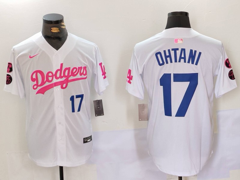 Men's Los Angeles Dodgers #17 Shohei Ohtani White Pink Vin & Kobe Patch Stitched Baseball Jersey 2 Men's Los Angeles Dodgers #17 Shohei Ohtani White Pink Vin & Kobe Patch Stitched Baseball Jersey 2