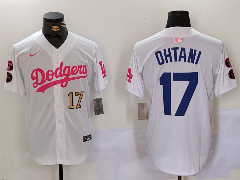 Men's Los Angeles Dodgers #17 Shohei Ohtani White Pink Vin & Kobe Patch Stitched Baseball Jersey 1 Men's Los Angeles Dodgers #17 Shohei Ohtani White Pink Vin & Kobe Patch Stitched Baseball Jersey 1