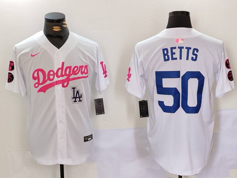Men's Los Angeles Dodgers #50 Mookie Betts White Pink Vin & Kobe Patch Stitched Baseball Jersey 3 Men's Los Angeles Dodgers #50 Mookie Betts White Pink Vin & Kobe Patch Stitched Baseball Jersey 3