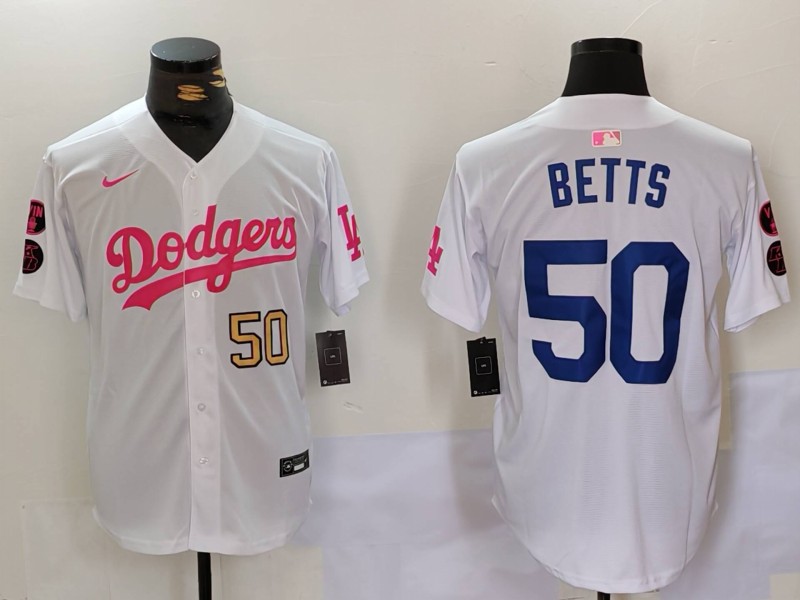 Men's Los Angeles Dodgers #50 Mookie Betts White Pink Vin & Kobe Patch Stitched Baseball Jersey 2 Men's Los Angeles Dodgers #50 Mookie Betts White Pink Vin & Kobe Patch Stitched Baseball Jersey 2