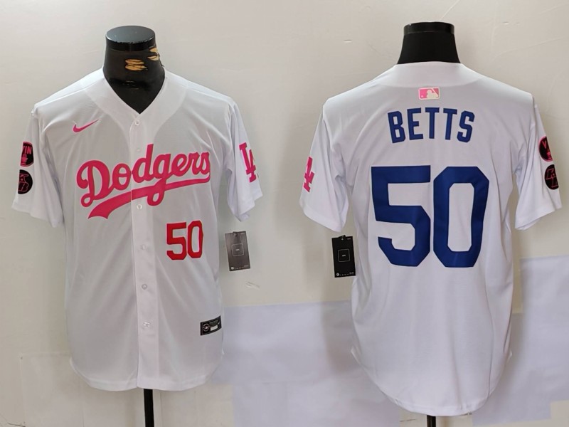 Men's Los Angeles Dodgers #50 Mookie Betts White Pink Vin & Kobe Patch Stitched Baseball Jersey 1 Men's Los Angeles Dodgers #50 Mookie Betts White Pink Vin & Kobe Patch Stitched Baseball Jersey 1