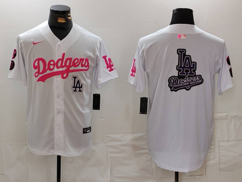 Men's Los Angeles Dodgers Team Big Logo White Pink Vin & Kobe Patch Stitched Baseball Jersey 004 Men's Los Angeles Dodgers Team Big Logo White Pink Vin & Kobe Patch Stitched Baseball Jersey 004