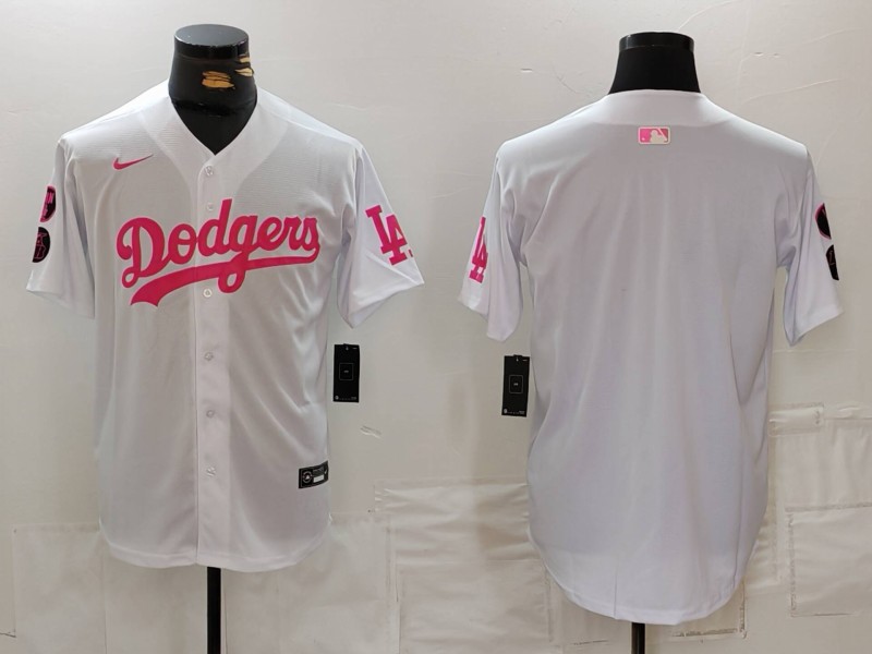Men's Los Angeles Dodgers Team Big Logo White Pink Vin & Kobe Patch Stitched Baseball Jersey 003 Men's Los Angeles Dodgers Team Big Logo White Pink Vin & Kobe Patch Stitched Baseball Jersey 003