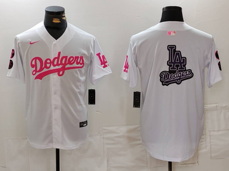 Men's Los Angeles Dodgers Team Big Logo White Pink Vin & Kobe Patch Stitched Baseball Jersey 002 Men's Los Angeles Dodgers Team Big Logo White Pink Vin & Kobe Patch Stitched Baseball Jersey 002