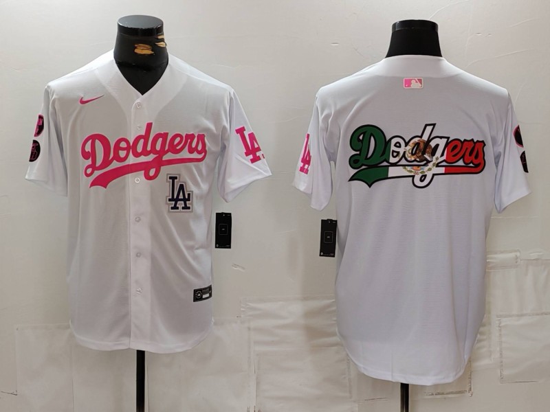 Men's Los Angeles Dodgers Team Big Logo White Pink Vin & Kobe Patch Stitched Baseball Jersey 001 Men's Los Angeles Dodgers Team Big Logo White Pink Vin & Kobe Patch Stitched Baseball Jersey 001