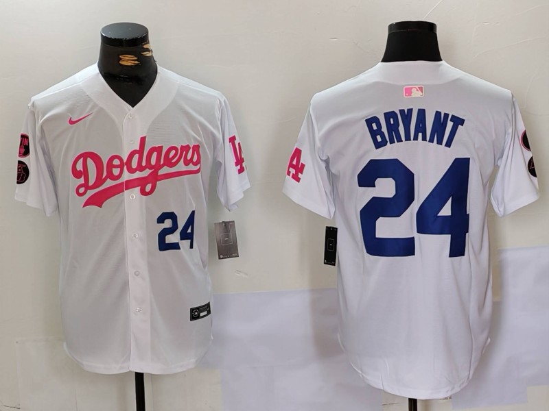 Men's Los Angeles Dodgers #24 Kobe Bryant White Pink Vin & Kobe Patch Stitched Baseball Jersey 9 Men's Los Angeles Dodgers #24 Kobe Bryant White Pink Vin & Kobe Patch Stitched Baseball Jersey 9