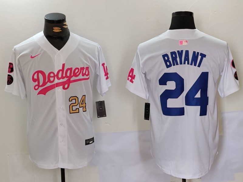 Men's Los Angeles Dodgers #24 Kobe Bryant White Pink Vin & Kobe Patch Stitched Baseball Jersey 6 Men's Los Angeles Dodgers #24 Kobe Bryant White Pink Vin & Kobe Patch Stitched Baseball Jersey 6