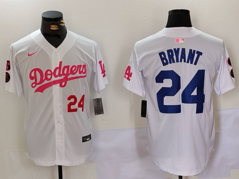 Men's Los Angeles Dodgers #24 Kobe Bryant White Pink Vin & Kobe Patch Stitched Baseball Jersey 3 Men's Los Angeles Dodgers #24 Kobe Bryant White Pink Vin & Kobe Patch Stitched Baseball Jersey 3