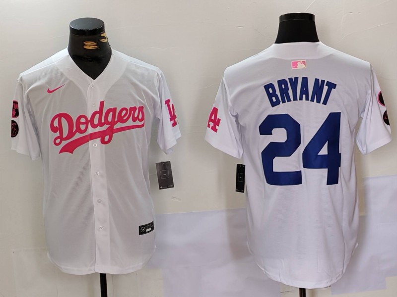 Men's Los Angeles Dodgers #24 Kobe Bryant White Pink Vin & Kobe Patch Stitched Baseball Jersey 2 Men's Los Angeles Dodgers #24 Kobe Bryant White Pink Vin & Kobe Patch Stitched Baseball Jersey 2