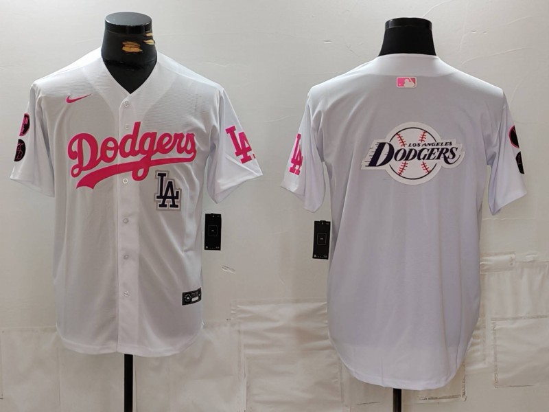 Men's Los Angeles Dodgers Team Big Logo White Pink Vin & Kobe Patch Stitched Baseball JerseyS 9 Men's Los Angeles Dodgers Team Big Logo White Pink Vin & Kobe Patch Stitched Baseball JerseyS 9