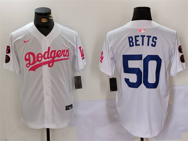 Men's Los Angeles Dodgers #50 Mookie Betts White Pink Vin & Kobe Patch Stitched Baseball Jersey Men's Los Angeles Dodgers #50 Mookie Betts White Pink Vin & Kobe Patch Stitched Baseball Jersey