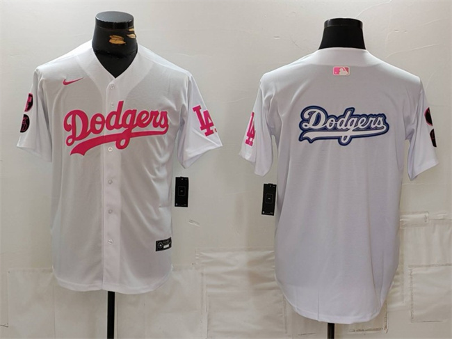 Men's Los Angeles Dodgers Team Big Logo White Pink Vin & Kobe Patch Stitched Baseball JerseyS1 Men's Los Angeles Dodgers Team Big Logo White Pink Vin & Kobe Patch Stitched Baseball JerseyS1