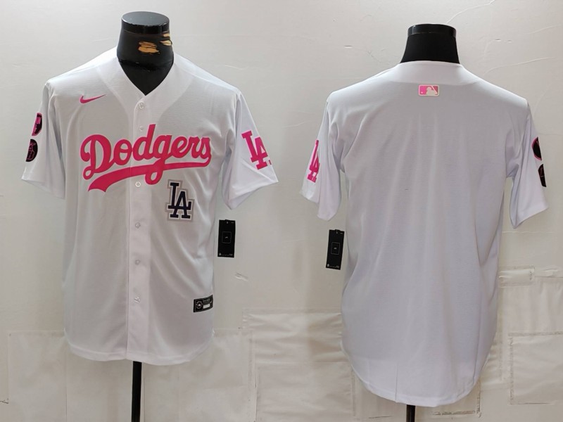 Men's Los Angeles Dodgers Team Big Logo White Pink Vin & Kobe Patch Stitched Baseball Jersey 9 Men's Los Angeles Dodgers Team Big Logo White Pink Vin & Kobe Patch Stitched Baseball Jersey 9
