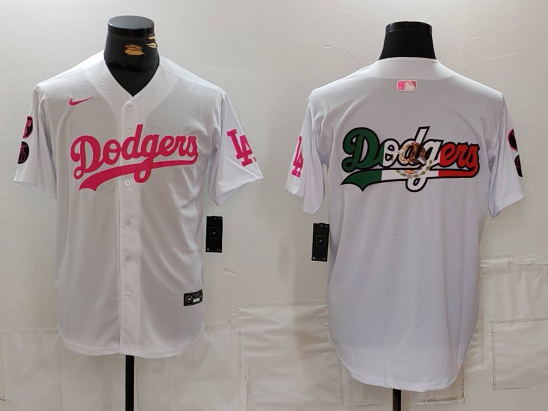 Men's Los Angeles Dodgers Team Big Logo White Pink Vin & Kobe Patch Stitched Baseball Jersey 8 Men's Los Angeles Dodgers Team Big Logo White Pink Vin & Kobe Patch Stitched Baseball Jersey 8