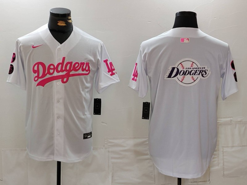 Men's Los Angeles Dodgers Team Big Logo White Pink Vin & Kobe Patch Stitched Baseball Jersey 6 Men's Los Angeles Dodgers Team Big Logo White Pink Vin & Kobe Patch Stitched Baseball Jersey 6