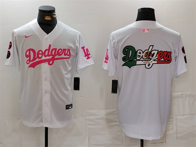 Men's Los Angeles Dodgers Team Big Logo White Pink Vin & Kobe Patch Stitched Baseball Jersey 2 Men's Los Angeles Dodgers Team Big Logo White Pink Vin & Kobe Patch Stitched Baseball Jersey 2