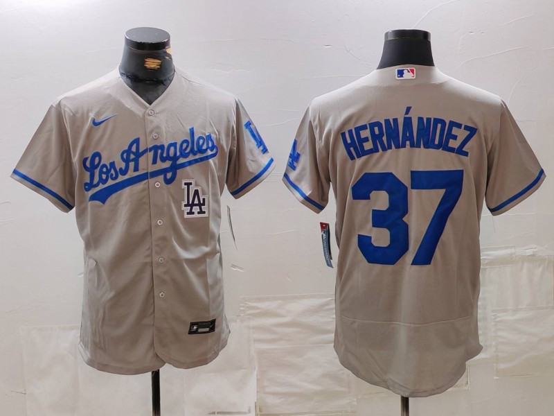 Men's Los Angeles Dodgers #37 Teoscar Hernández Grey Flex Base Stitched Baseball Jersey 3 Men's Los Angeles Dodgers #37 Teoscar Hernández Grey Flex Base Stitched Baseball Jersey 3
