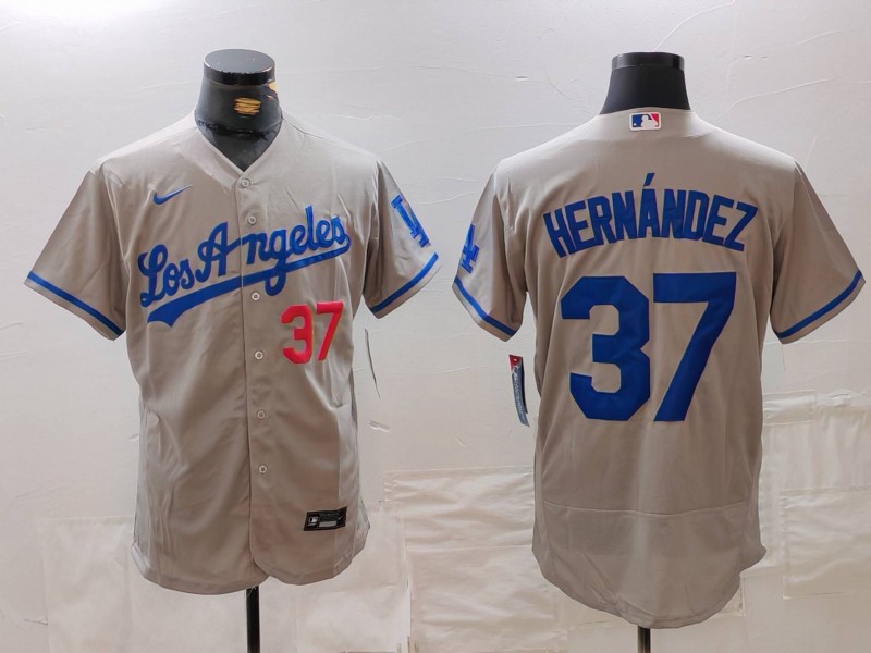 Men's Los Angeles Dodgers #37 Teoscar Hernández Grey Flex Base Stitched Baseball Jersey 2 Men's Los Angeles Dodgers #37 Teoscar Hernández Grey Flex Base Stitched Baseball Jersey 2