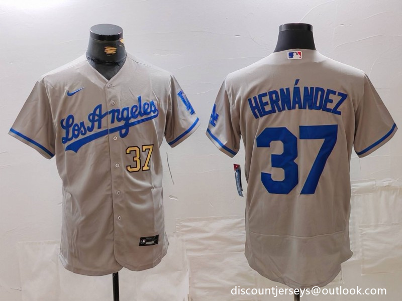 Men's Los Angeles Dodgers #37 Teoscar Hernández Grey Flex Base Stitched Baseball Jersey 1 Men's Los Angeles Dodgers #37 Teoscar Hernández Grey Flex Base Stitched Baseball Jersey 1