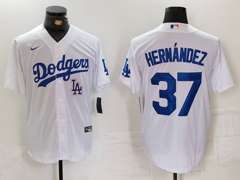 Men's Los Angeles Dodgers #37 Teoscar Hernández White Cool Base Stitched Baseball Jersey 5 Men's Los Angeles Dodgers #37 Teoscar Hernández White Cool Base Stitched Baseball Jersey 5