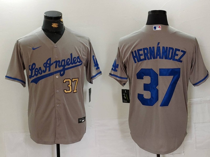 Men's Los Angeles Dodgers #37 Teoscar Hernández Grey Cool Base Stitched Baseball Jersey 10 Men's Los Angeles Dodgers #37 Teoscar Hernández Grey Cool Base Stitched Baseball Jersey 10