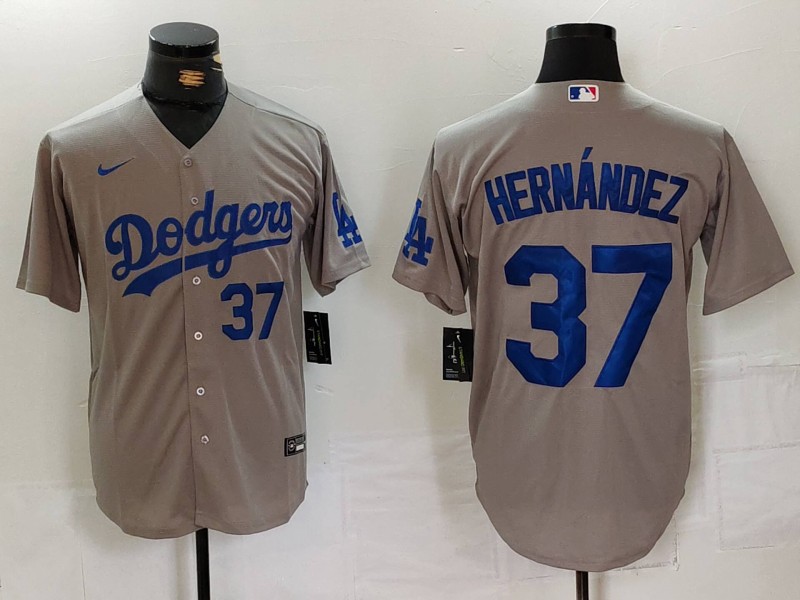 Men's Los Angeles Dodgers #37 Teoscar Hernández Grey Cool Base Stitched Baseball Jersey 8 Men's Los Angeles Dodgers #37 Teoscar Hernández Grey Cool Base Stitched Baseball Jersey 8