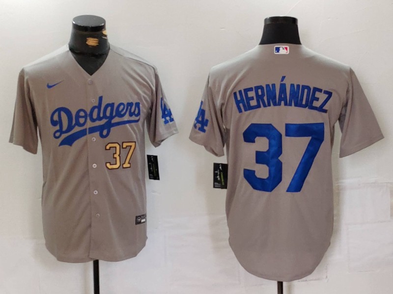 Men's Los Angeles Dodgers #37 Teoscar Hernández Grey Cool Base Stitched Baseball Jersey 3 Men's Los Angeles Dodgers #37 Teoscar Hernández Grey Cool Base Stitched Baseball Jersey 3