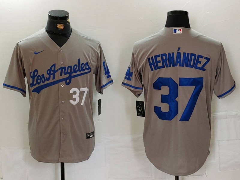 Men's Los Angeles Dodgers #37 Teoscar Hernández Grey Cool Base Stitched Baseball Jersey 2 Men's Los Angeles Dodgers #37 Teoscar Hernández Grey Cool Base Stitched Baseball Jersey 2