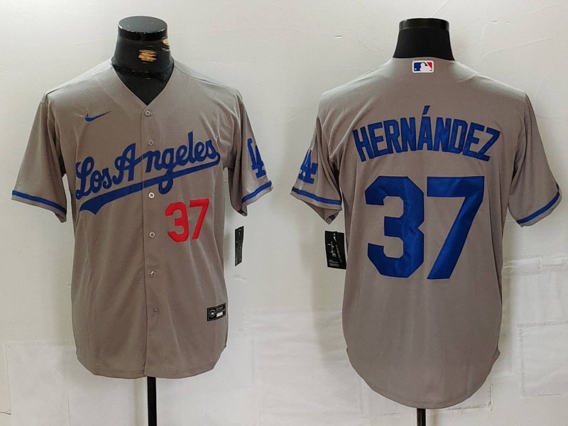 Men's Los Angeles Dodgers #37 Teoscar Hernández Grey Cool Base Stitched Baseball Jersey 1 Men's Los Angeles Dodgers #37 Teoscar Hernández Grey Cool Base Stitched Baseball Jersey 1
