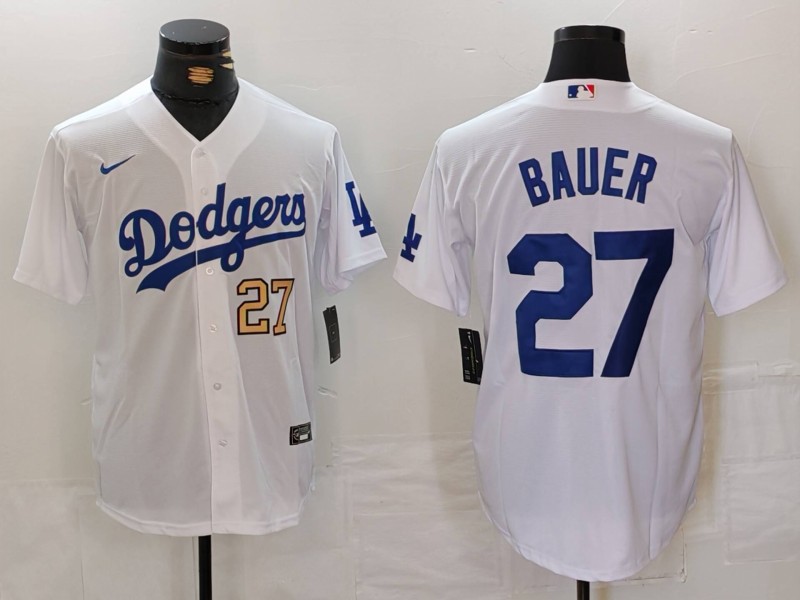 Men's Los Angeles Dodgers #27 Trevor Bauer White Stitched Baseball Jersey 2 Men's Los Angeles Dodgers #27 Trevor Bauer White Stitched Baseball Jersey 2