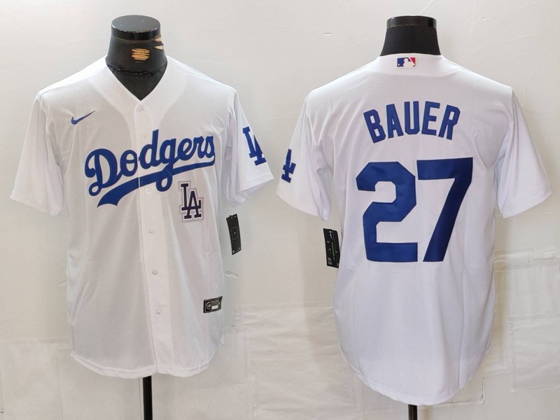 Men's Los Angeles Dodgers #27 Trevor Bauer White Stitched Baseball Jersey 1 Men's Los Angeles Dodgers #27 Trevor Bauer White Stitched Baseball Jersey 1