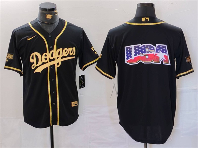 Men's Los Angeles Dodgers Team Big Logo Black Gold Cool Base With Patch Stitched Baseball Jersey 1 Men's Los Angeles Dodgers Team Big Logo Black Gold Cool Base With Patch Stitched Baseball Jersey 1