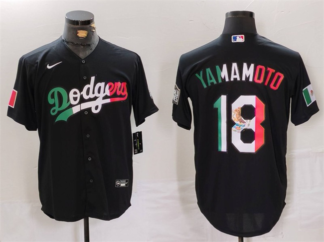 Men's Los Angeles Dodgers #18 Yoshinobu Yamamoto Black Mexico Cool Base Stitched Baseball Jersey Men's Los Angeles Dodgers #18 Yoshinobu Yamamoto Black Mexico Cool Base Stitched Baseball Jersey