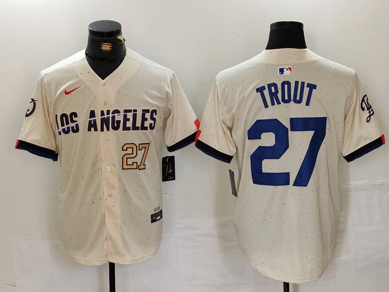 Men's Los Angeles Dodgers #27 Mike Trout Cream 2024 City Connect Limited Stitched Baseball Jersey 5 Men's Los Angeles Dodgers #27 Mike Trout Cream 2024 City Connect Limited Stitched Baseball Jersey 5