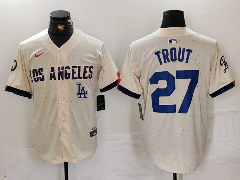 Men's Los Angeles Dodgers #27 Mike Trout Cream 2024 City Connect Limited Stitched Baseball Jersey 4 Men's Los Angeles Dodgers #27 Mike Trout Cream 2024 City Connect Limited Stitched Baseball Jersey 4
