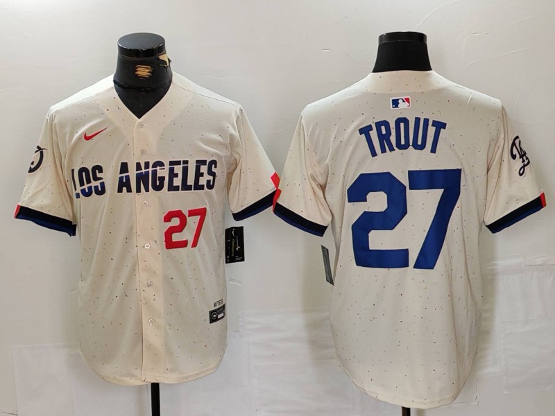 Men's Los Angeles Dodgers #27 Mike Trout Cream 2024 City Connect Limited Stitched Baseball Jersey 2 Men's Los Angeles Dodgers #27 Mike Trout Cream 2024 City Connect Limited Stitched Baseball Jersey 2