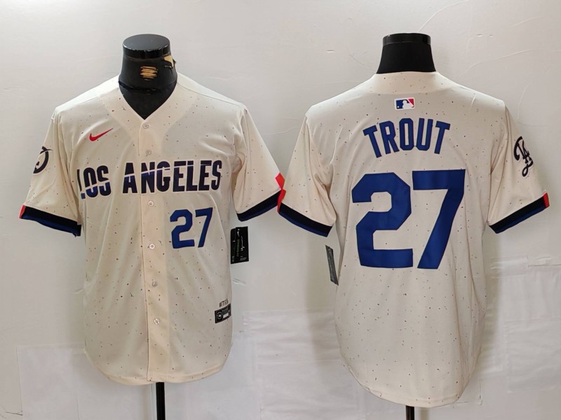 Men's Los Angeles Dodgers #27 Mike Trout Cream 2024 City Connect Limited Stitched Baseball Jersey 1 Men's Los Angeles Dodgers #27 Mike Trout Cream 2024 City Connect Limited Stitched Baseball Jersey 1