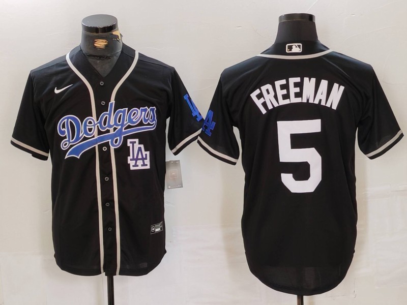 Men's Los Angeles Dodgers #5 Freddie Freeman Black Cool Base With Patch Stitched Baseball Jersey 2 Men's Los Angeles Dodgers #5 Freddie Freeman Black Cool Base With Patch Stitched Baseball Jersey 2