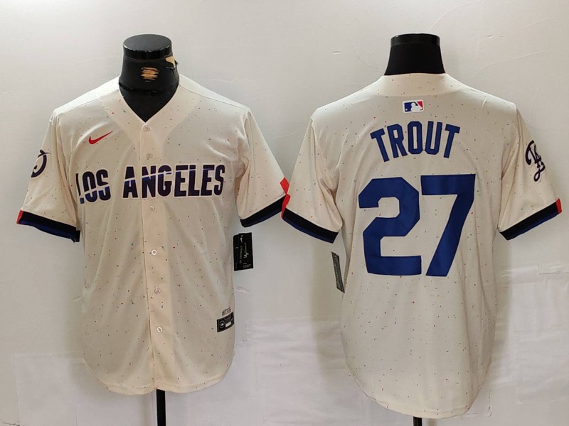 Men's Los Angeles Dodgers #27 Mike Trout Cream 2024 City Connect Limited Stitched Baseball Jersey Men's Los Angeles Dodgers #27 Mike Trout Cream 2024 City Connect Limited Stitched Baseball Jersey