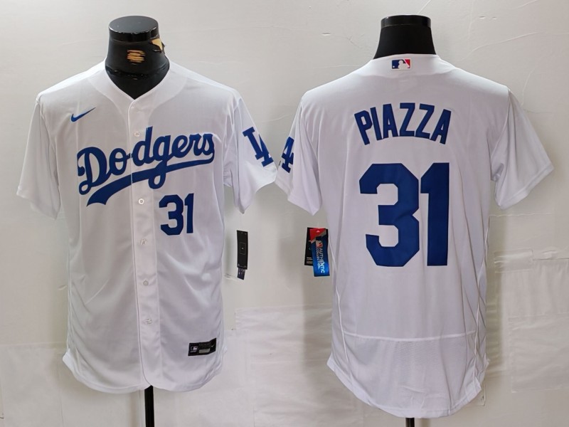 Men's Los Angeles Dodgers #31 Mike Piazza White Flex Base Stitched Baseball Jersey 4 Men's Los Angeles Dodgers #31 Mike Piazza White Flex Base Stitched Baseball Jersey 4