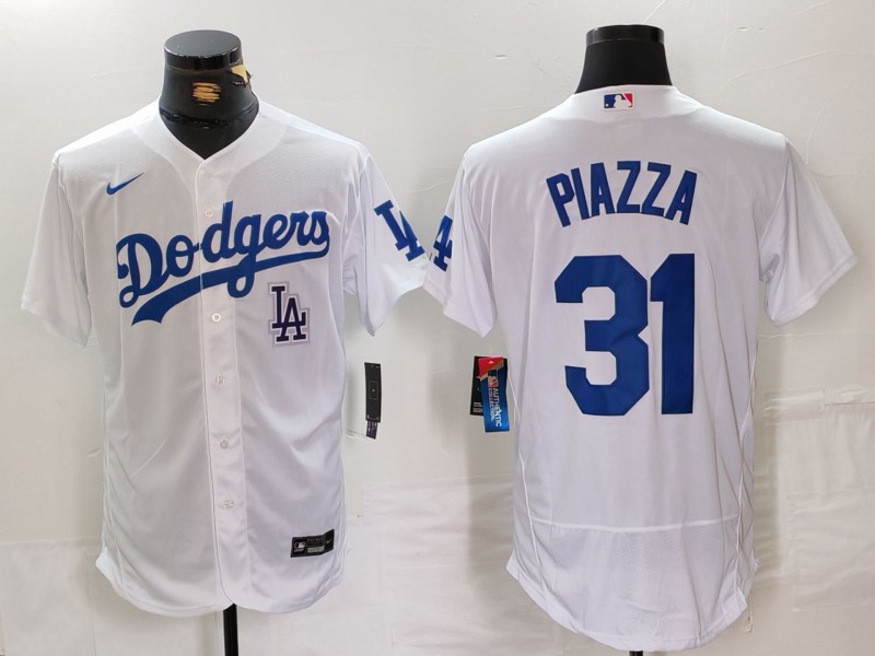 Men's Los Angeles Dodgers #31 Mike Piazza White Flex Base Stitched Baseball Jersey 2 Men's Los Angeles Dodgers #31 Mike Piazza White Flex Base Stitched Baseball Jersey 2