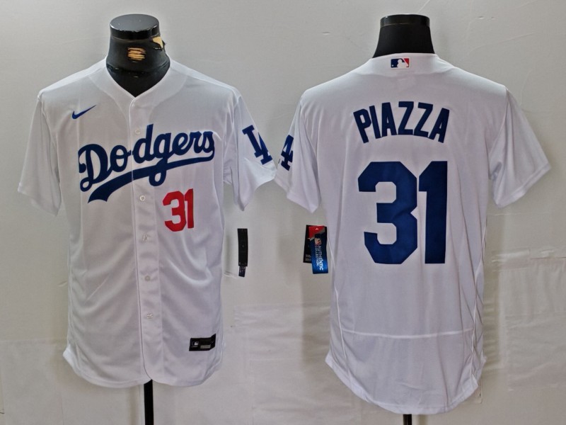 Men's Los Angeles Dodgers #31 Mike Piazza White Flex Base Stitched Baseball Jersey 1 Men's Los Angeles Dodgers #31 Mike Piazza White Flex Base Stitched Baseball Jersey 1