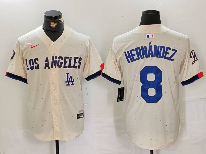 Men's Los Angeles Dodgers #8 Kiké Hernández Cream Stitched Baseball Jersey 1 Men's Los Angeles Dodgers #8 Kiké Hernández Cream Stitched Baseball Jersey 1