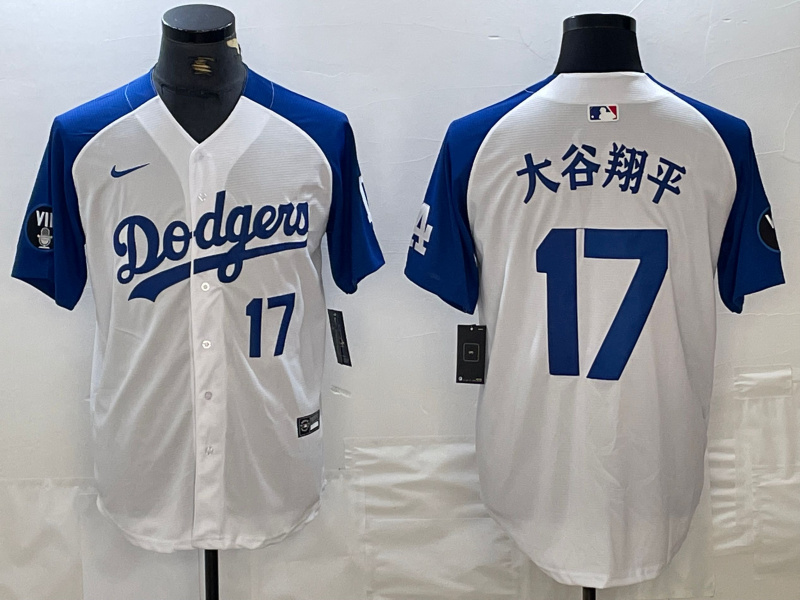 Men's Los Angeles Dodgers #17 Shohei Ohtani White Blue Vin Patch Cool Base Stitched Baseball Jersey clubjerseys.net Men's Los Angeles Dodgers #17 Shohei Ohtani White Blue Vin Patch Cool Base Stitched Baseball Jersey clubjerseys.net