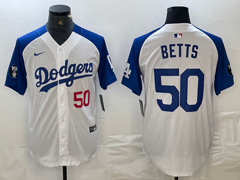 Men's Los Angeles Dodgers #50 Mookie Betts White Blue Vin Patch Cool Base Stitched Baseball Jersey ebjerseys.com Men's Los Angeles Dodgers #50 Mookie Betts White Blue Vin Patch Cool Base Stitched Baseball Jersey ebjerseys.com