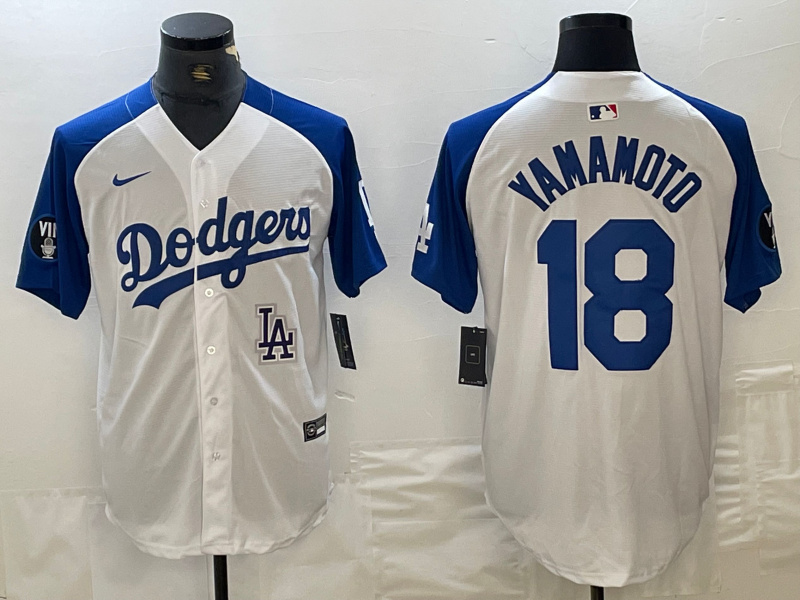 Men's Los Angeles Dodgers #18 Yoshinobu Yamamoto White Blue Vin Patch Cool Base Stitched Baseball Jersey 2 Men's Los Angeles Dodgers #18 Yoshinobu Yamamoto White Blue Vin Patch Cool Base Stitched Baseball Jersey 2