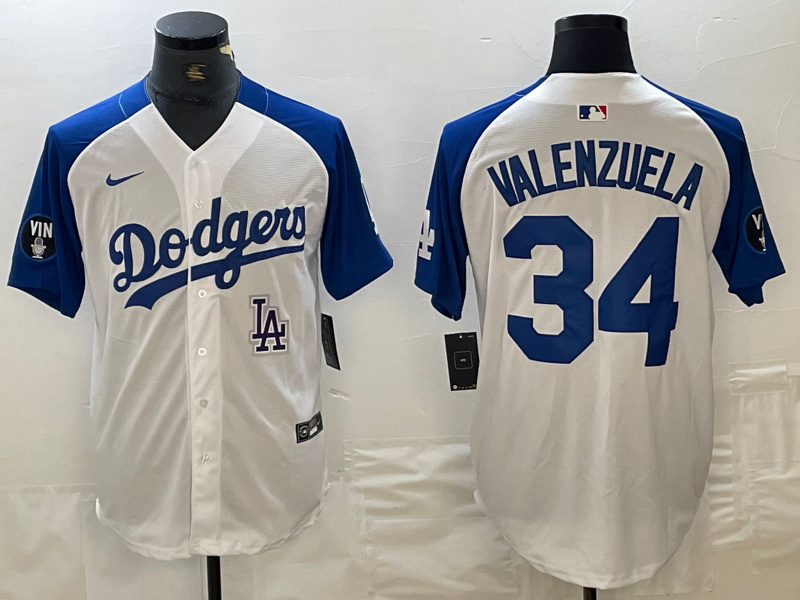 Men's Los Angeles Dodgers #34 Toro Valenzuela White Blue Vin Patch Cool Base Stitched Baseball Jersey 8 Men's Los Angeles Dodgers #34 Toro Valenzuela White Blue Vin Patch Cool Base Stitched Baseball Jersey 8