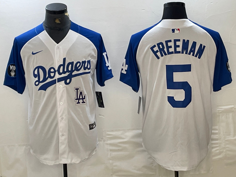 Men's Los Angeles Dodgers #5 Freddie Freeman White Blue Vin Patch Cool Base Stitched Baseball Jersey 10 Men's Los Angeles Dodgers #5 Freddie Freeman White Blue Vin Patch Cool Base Stitched Baseball Jersey 10