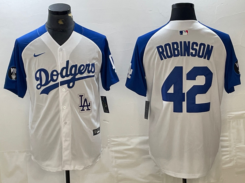 Men's Los Angeles Dodgers #42 Jackie Robinson White Blue Vin Patch Cool Base Stitched Baseball Jersey 6 Men's Los Angeles Dodgers #42 Jackie Robinson White Blue Vin Patch Cool Base Stitched Baseball Jersey 6